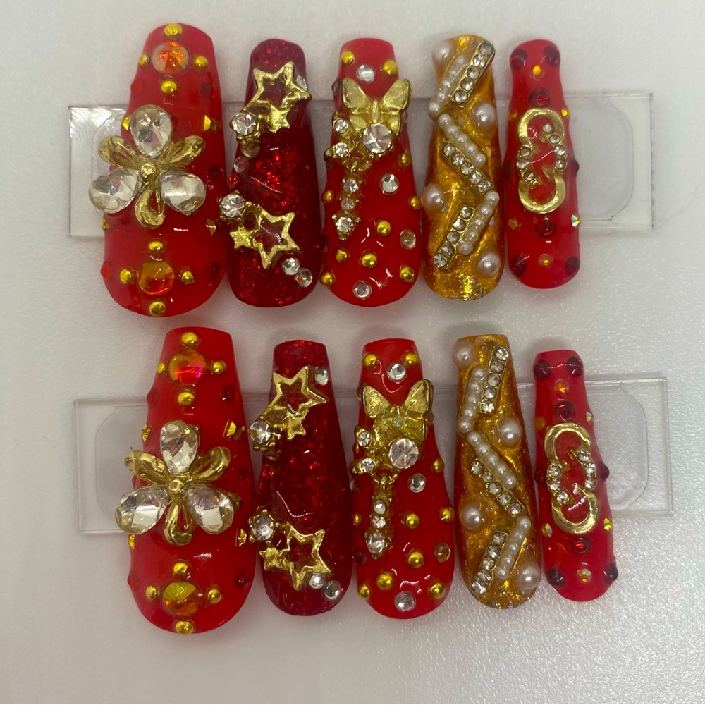Red and Gold Bling Handmade Press On Nail Set